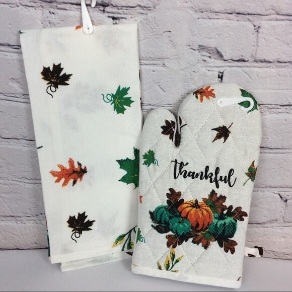 “Thankful" Pumpkins 2 Piece Fall Kitchen Set Dish Towel Oven Mitt Teal Orange - Picture 2 of 4